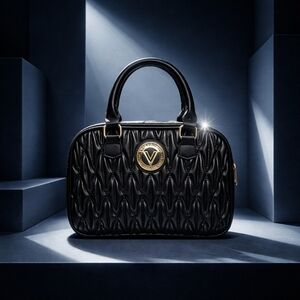NWT Valentino Orlandi Black Quilted Leather Crossbody Satchel Gold V Logo